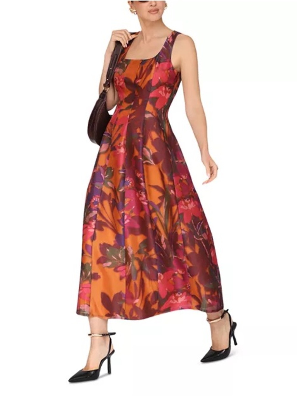 Avec Les Filles Orange and Pink Floral Midi Dress